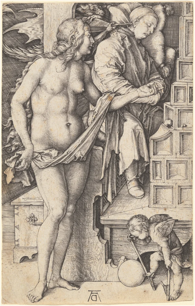 The Dream of the Doctor (Temptation of the Idler) by Albrecht Dürer, print, 1498-1499