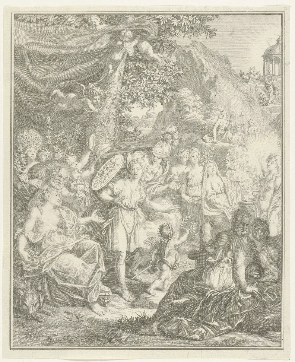 Allegorische voorstelling met Telemachus en Minerva by Jacob Folkema, print, 1733