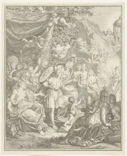 Allegorische voorstelling met Telemachus en Minerva by Jacob Folkema, print, 1733