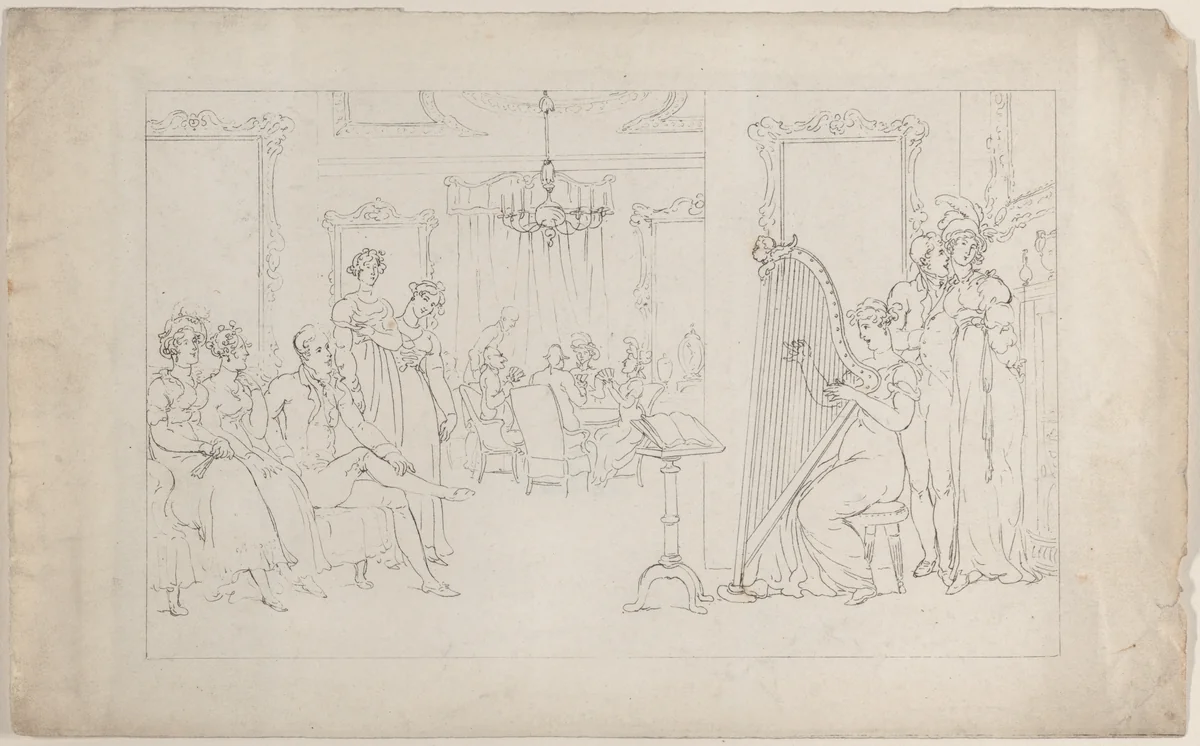 Sweet is the voice whose powers can move / And call the vagrant heart to love, from "The Dance of Life" by Thomas Rowlandson, print, 1817