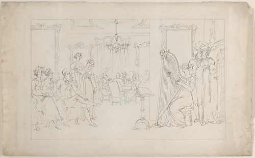 Sweet is the voice whose powers can move / And call the vagrant heart to love, from "The Dance of Life" by Thomas Rowlandson, print, 1817