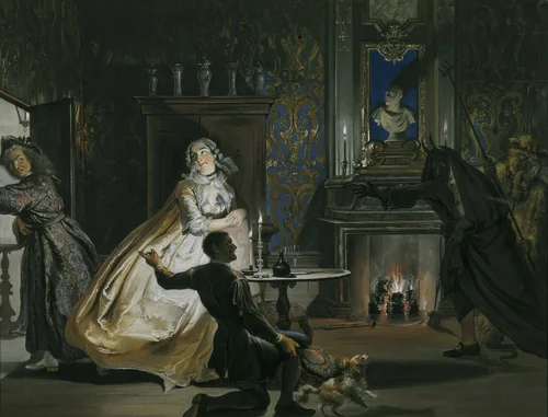 Captain Ulrich or Greed Thwarted: Disguised, Godefroy and his Servant Put Captain Ulrich to Flight by Cornelis Troost, pastel, 1738