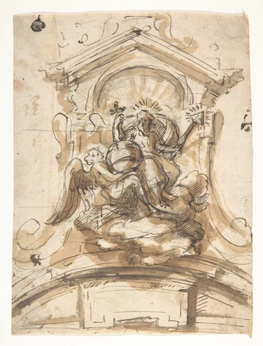 Design for a sculptural group with God the Father in a niche by Pieter Verbruggen, drawing, 1686-1724