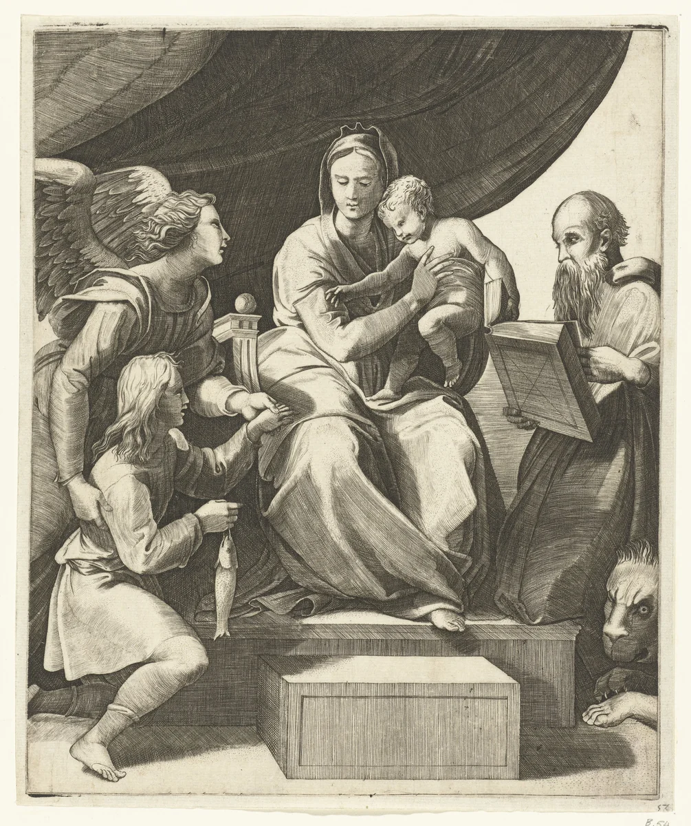 Maria met kind geflankeerd door aartsengel Rafaël met Tobias met vis en heilige Hieronymus by Unknown, print, 1517-1540