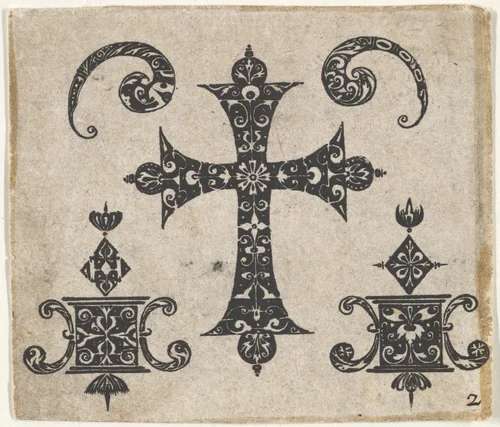 Blackwork Print with a Latin Cross and Small Motifs by Claes Jansz Visscher, print, 1600-1620