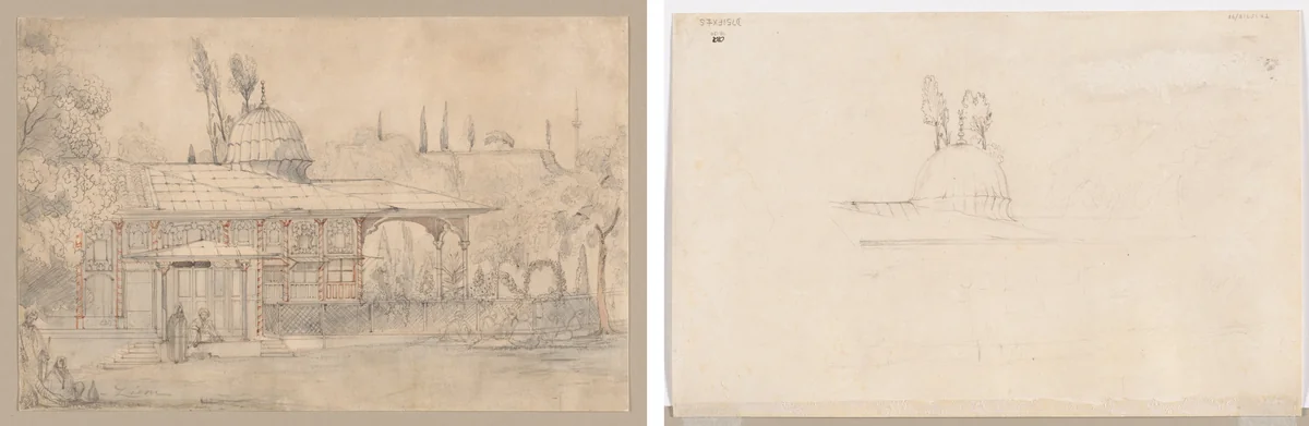 Pavilion Near a Mosque (recto) Sketch for Pavilion Near a Mosque (verso) by Félix Ziem, drawing, 1821-1911