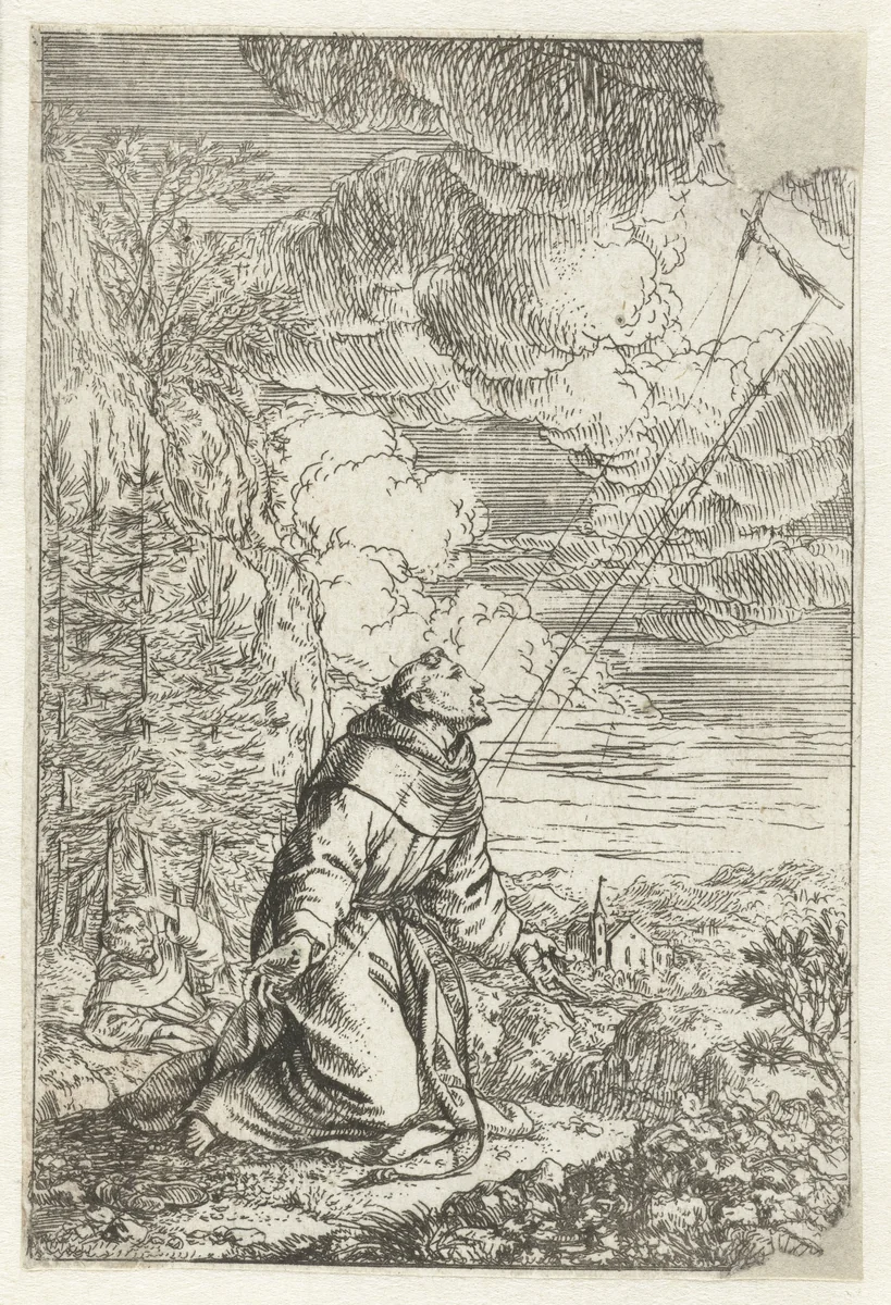 Stigmatisatie van heilige Franciscus by Jonas Umbach, print, 1634-1693