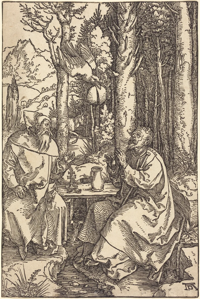 Saint Anthony and Saint Paul in the Wilderness by Albrecht Dürer, print, 1504