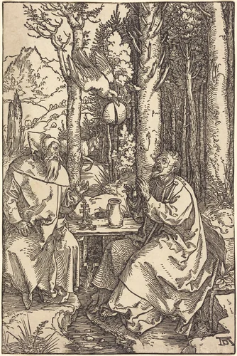 Saint Anthony and Saint Paul in the Wilderness by Albrecht Dürer, print, 1504