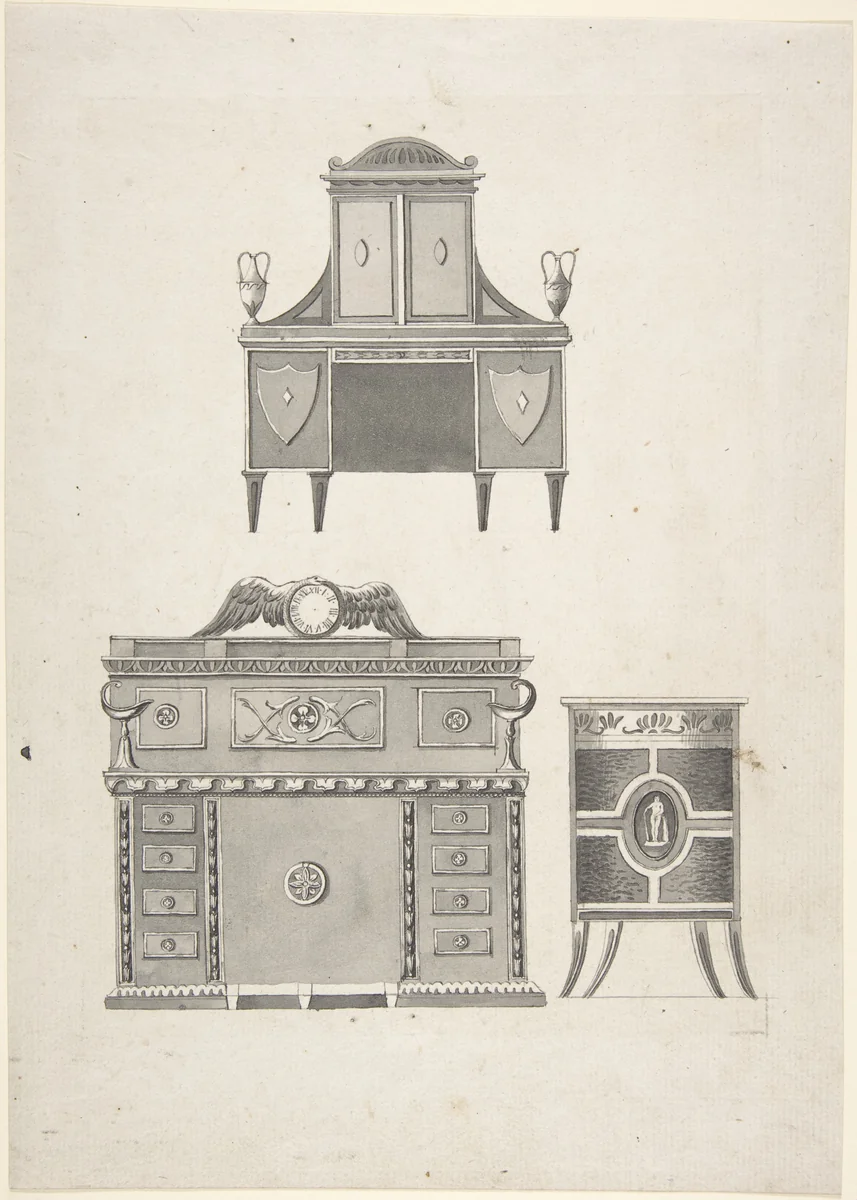 Designs for furniture in a variation on the style of Thomas Sheraton, a breakfront, a sideboard, and a low cupboard by anonymous, drawing, 1810-1820