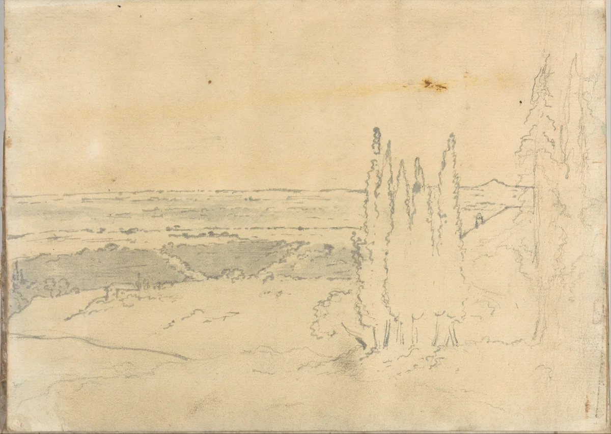 Landscape with cedars and buildings, at Rome (Smaller Italian sketchbook, leaf 24 recto) by Joseph Wright, drawing, 1774-1775
