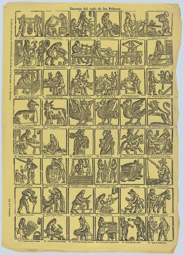 Broadside with 48 scenes from the 'century of the wigs' by Antonio Bosch, print, 1855-1875