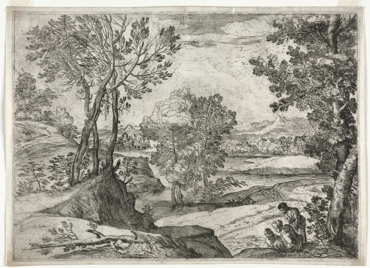 Landscape with a Family by Giovanni Francesco Grimaldi, print, 1643