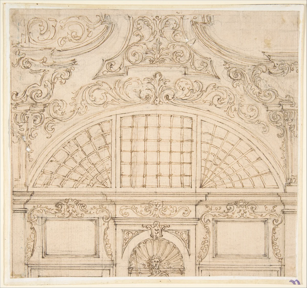 Design for the Upper Half of a Wall Elevation with a Semicircular Window by Giovanni Battista Foggini, drawing, 1652-1725