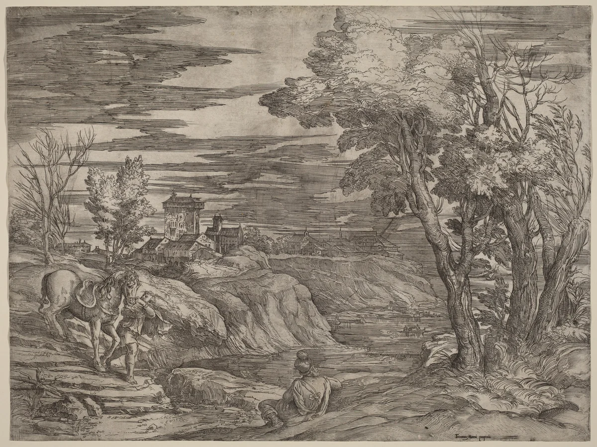 Landscape with a Man Leading a Horse by Battista Franco, print, 1498-1561