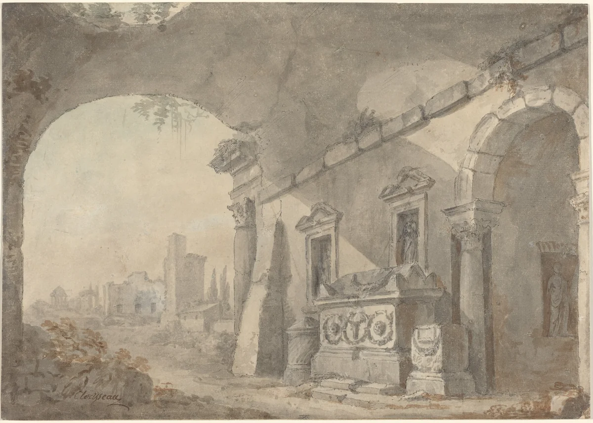 Roman Ruins with a Sepulchre by Charles Louis Clérisseau, drawing, 1722-1820