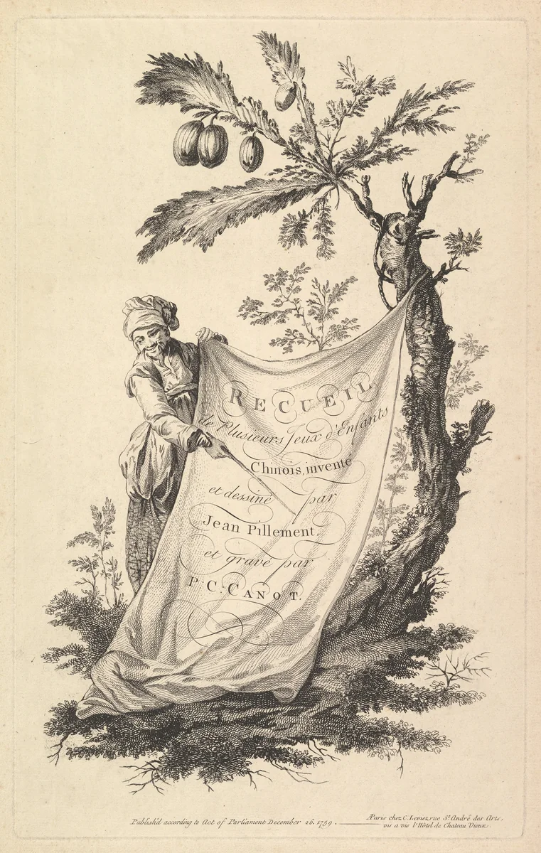 Title page: a smiling man holds a corner of a cloth tied to a fig tree and points with a stick to the cloth's inscription, from 'Recueil de plusieurs jeux d'enfants chinois' after Jean Pillement by Jean Pillement, print, 1759