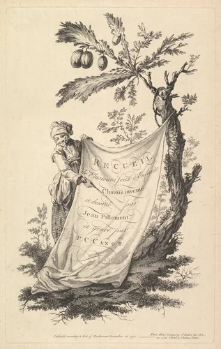 Title page: a smiling man holds a corner of a cloth tied to a fig tree and points with a stick to the cloth's inscription, from 'Recueil de plusieurs jeux d'enfants chinois' after Jean Pillement by Jean Pillement, print, 1759