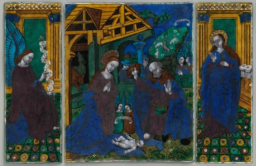Three plaques from a triptych with the Adoration of the Shepherds, Flanked by the Angel Gabriel and the Virgin Annunciate by Master of the Triptych of Louis XII, other, 1500-1525