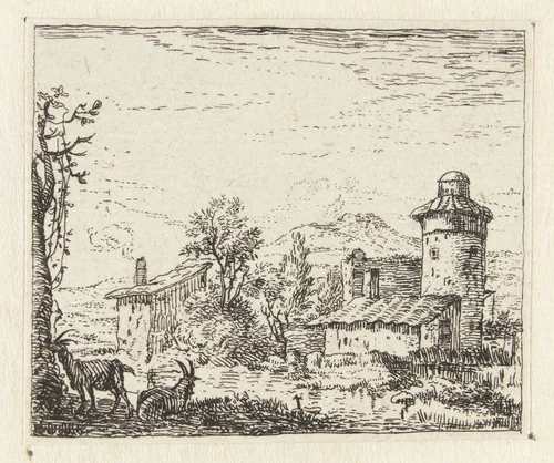 Italianiserend landschap met ronde toren en twee geiten by anonymous, print, 1652-1728