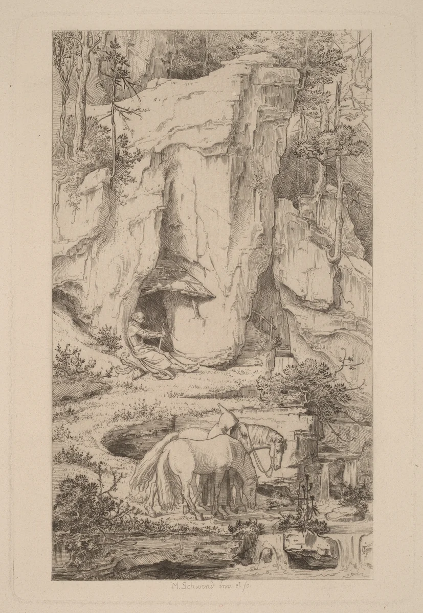 A Monk Leading Horses to Water by Moritz von Schwind, print, 1804-1871
