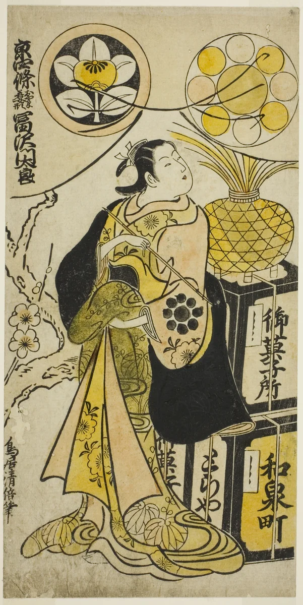 The Actor Tomizawa Montaro I as Miyako no Mae in the play "Izu Genji Horai Yakata," performed at the Ichimura Theater in the eleventh month, 1736 by Torii Kiyomasu II (鳥居 清倍), print, 1736