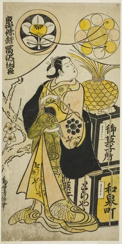 The Actor Tomizawa Montaro I as Miyako no Mae in the play "Izu Genji Horai Yakata," performed at the Ichimura Theater in the eleventh month, 1736 by Torii Kiyomasu II (鳥居 清倍), print, 1736