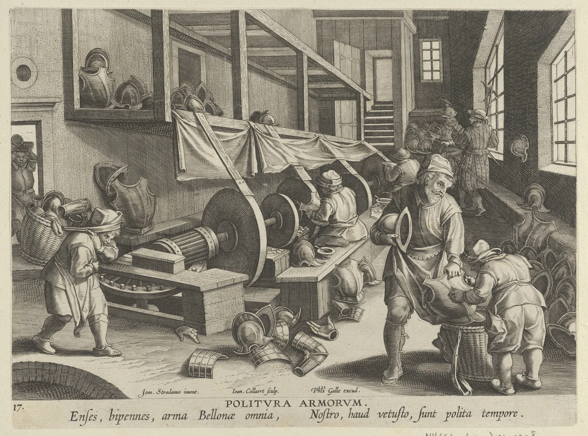 New Inventions of Modern Times [Nova Reperta], The Invention of the Polishing of Armor, plate 17 by Jan Collaert, print, 1595-1605