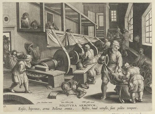 New Inventions of Modern Times [Nova Reperta], The Invention of the Polishing of Armor, plate 17 by Jan Collaert, print, 1595-1605