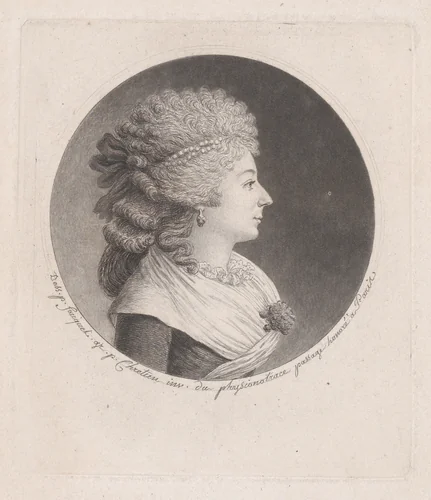Portrait of a lady with elaborately curled hair by Gilles Louis Chrétien, print, 1786-1811