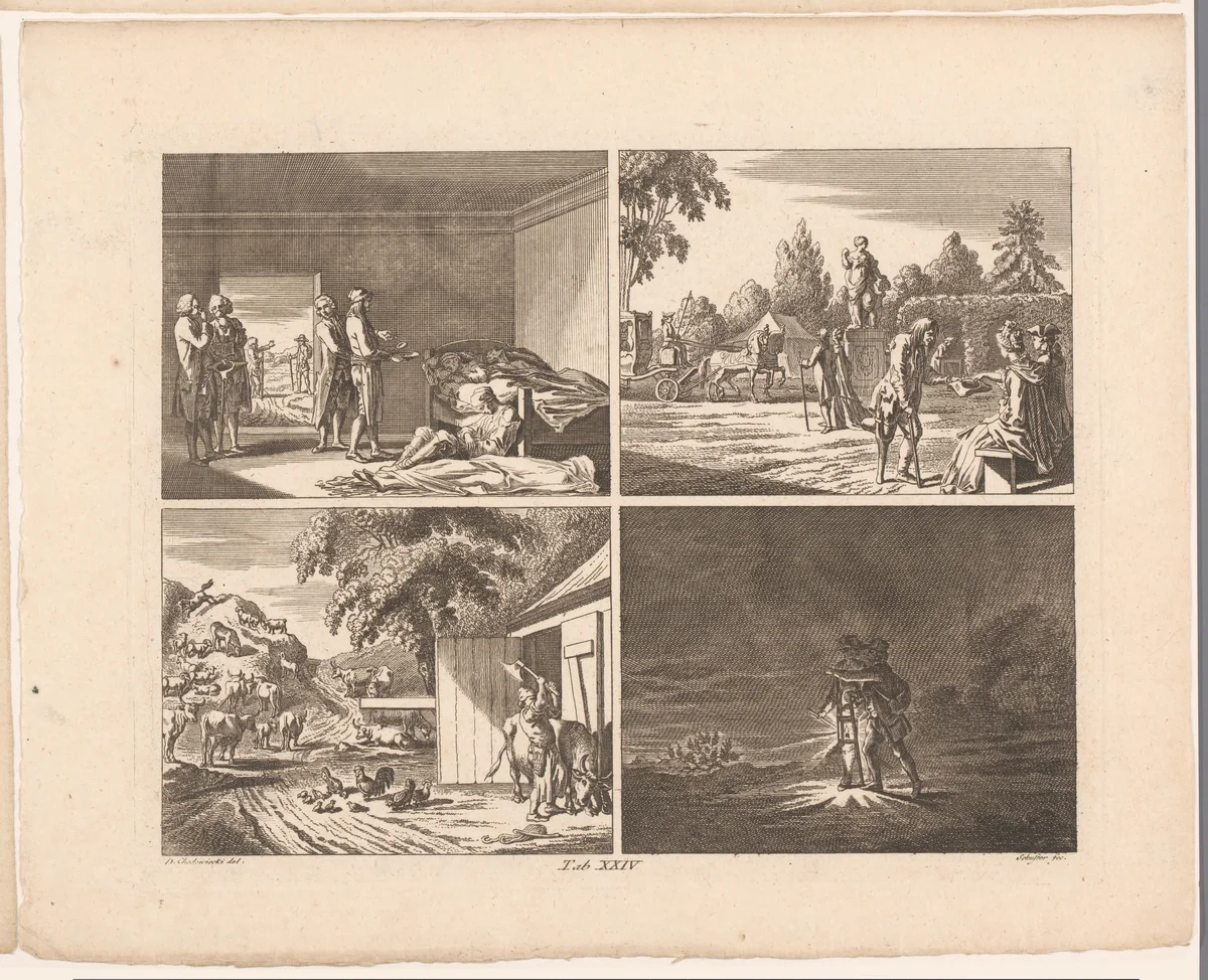 Tuinderij, wasserij, schoenmaker en kleermaker by J.F. Schuster, print, 1774
