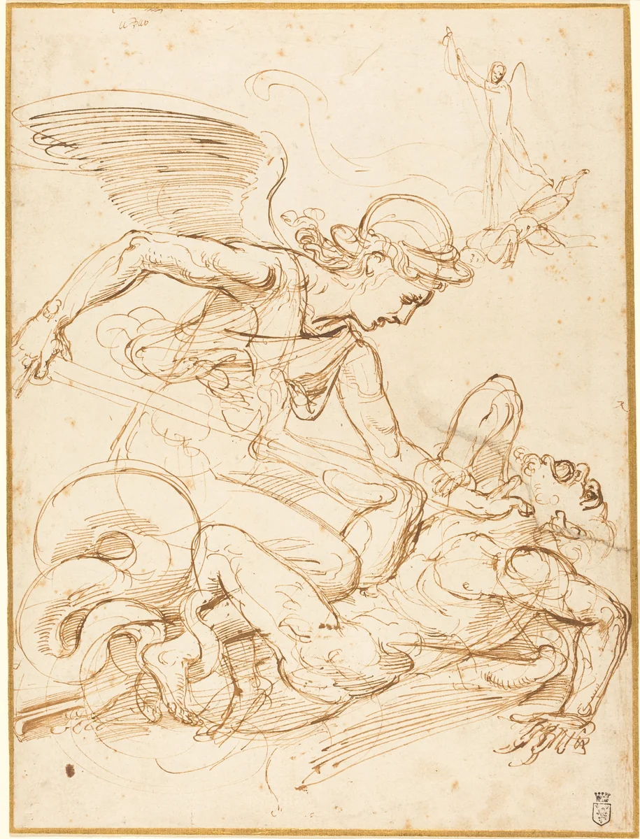 Saint Michael by Giulio Romano, drawing, 1522-1532