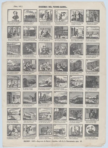 Broadside with 48 scenes of trains and their passengers etc by José María Marés, print, 1867