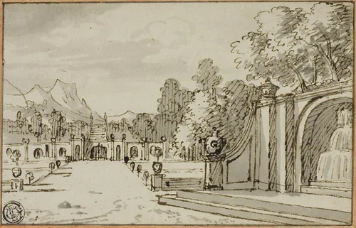Formal Garden with Fountain in Foreground by Bernard Picart, drawing, 1693-1733
