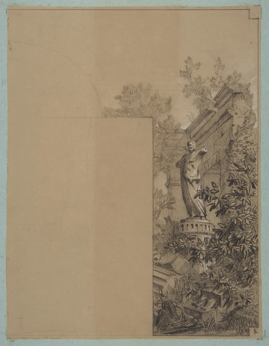 Design for mural decoration surrounding a door: landscape with classical ruins by Jules-Edmond-Charles Lachaise, drawing, 1830-1897