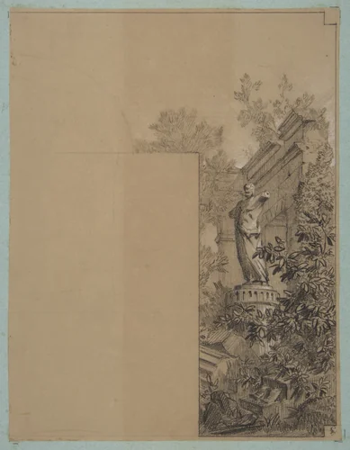 Design for mural decoration surrounding a door: landscape with classical ruins by Jules-Edmond-Charles Lachaise, drawing, 1830-1897