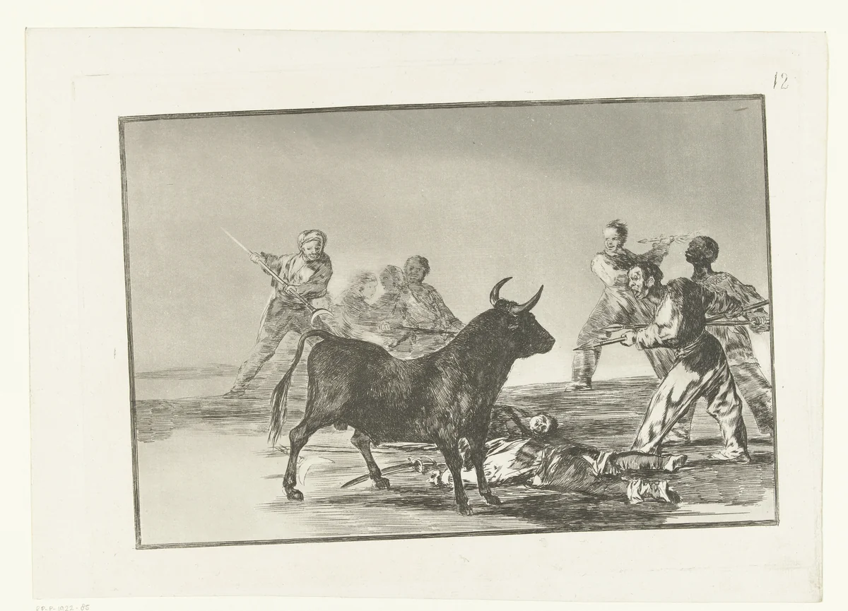 Stierenvechters rondom een stier by Francisco de Goya, print, 1811-1816