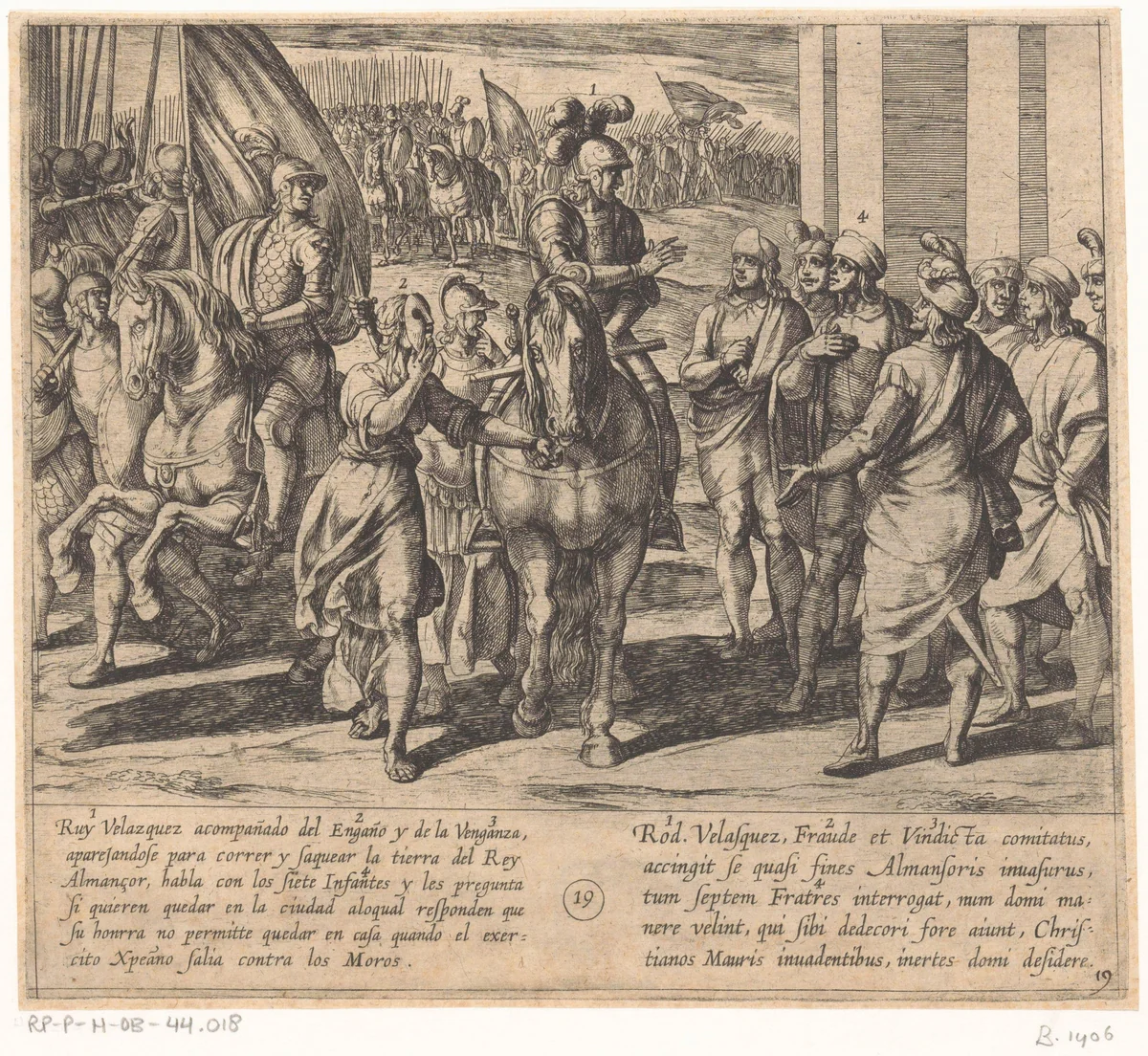 De zonen van Lara bieden aan Ruy Velazquez te vergezellen op zijn veldtocht tegen de Moren by Antonio Tempesta, print, 1612