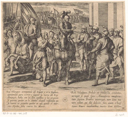 De zonen van Lara bieden aan Ruy Velazquez te vergezellen op zijn veldtocht tegen de Moren by Antonio Tempesta, print, 1612