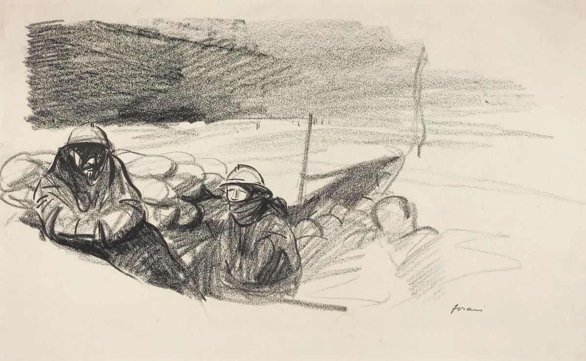 a) Two Soldiers in a Trench (recto); b) Interior with Figures Seated Behind Table (verso) by Jean-Louis Forain, drawing, 1914-1919