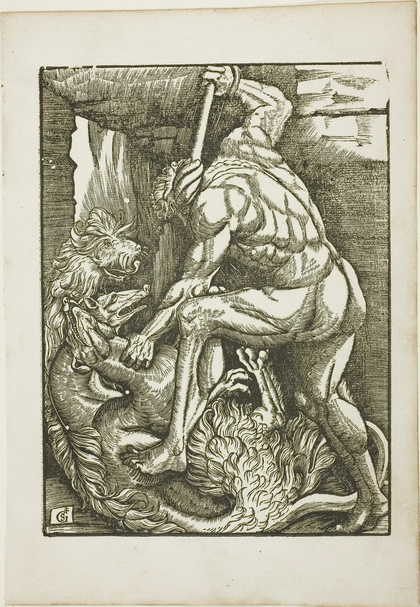 The Labors of Hercules: Bringing Cerberus from the Lower World by Gabriel Salmon, print, 1523-1533