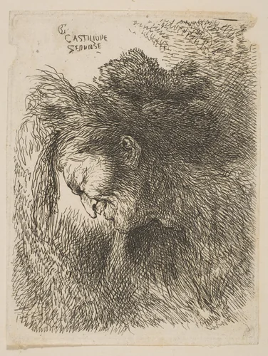 Head of an old man looking down, facing left, from "Small Studies of Heads in Oriental Headress" by Giovanni Benedetto Castiglione, print, 1640-1655