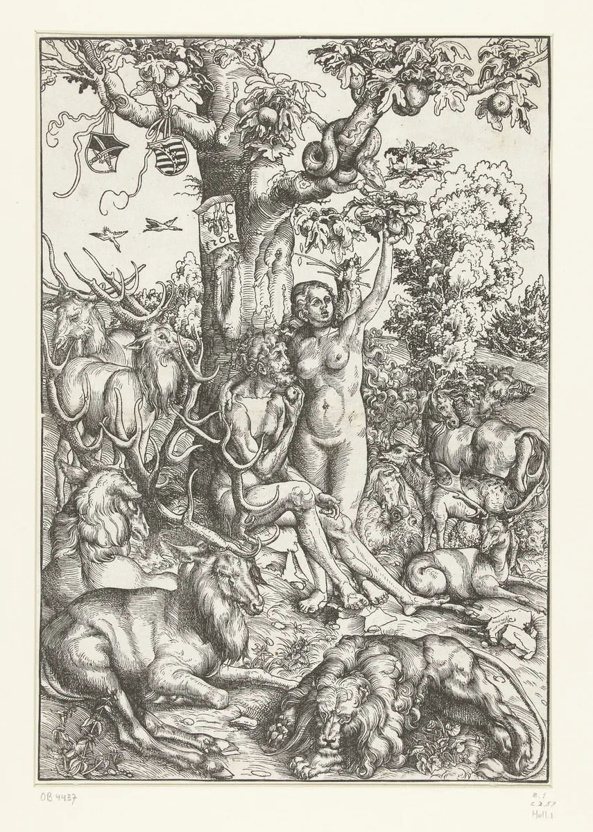 Adam en Eva omringd door dieren in paradijs by Unknown, print, 1509