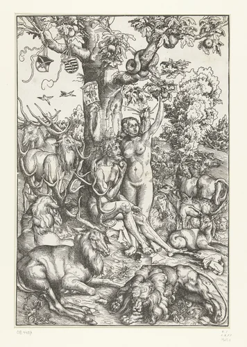 Adam en Eva omringd door dieren in paradijs by Unknown, print, 1509