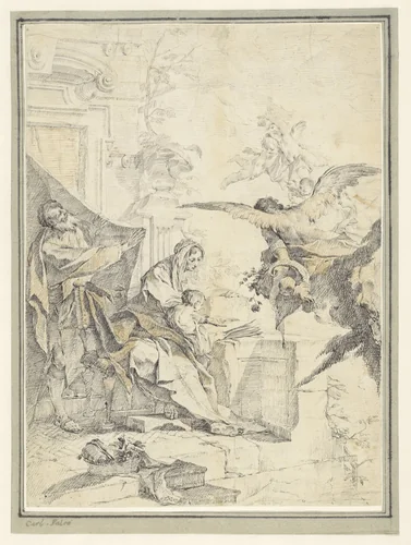De Heilige Familie met rozen nederwerpende engelen by Franz Palko, drawing, 1734-1767