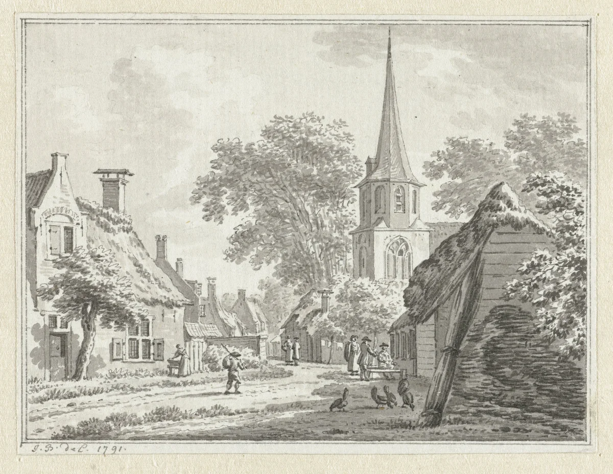 Gezicht te Gapinge, rechts de kerk by Jan Bulthuis, drawing, 1791