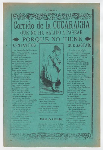 Broadsheet with a ballad about camp life hardships for women, profile of a woman looking downcast wearing a slip and heels by José Guadalupe Posada, print, 1913-1923