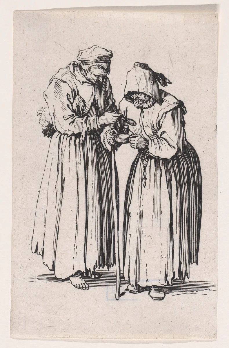Les Deux Mendiantes (The Two Female Beggars), from "Les Gueux suite appelée aussi Les Mendiants, Les Baroni, ou Les Barons" (The Beggars, also called the Barons) by Jacques Callot, print, 1618-1628