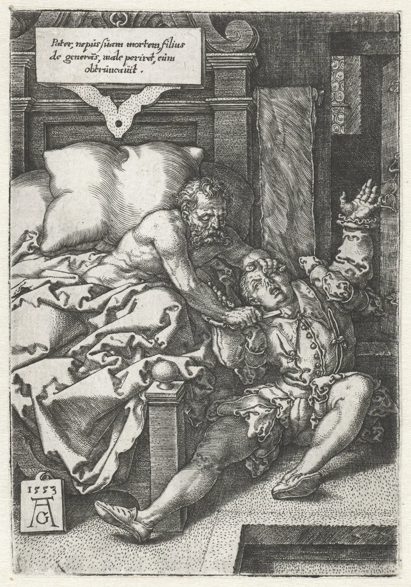 Herkinbald doodt zijn neef by Unknown, print, 1553