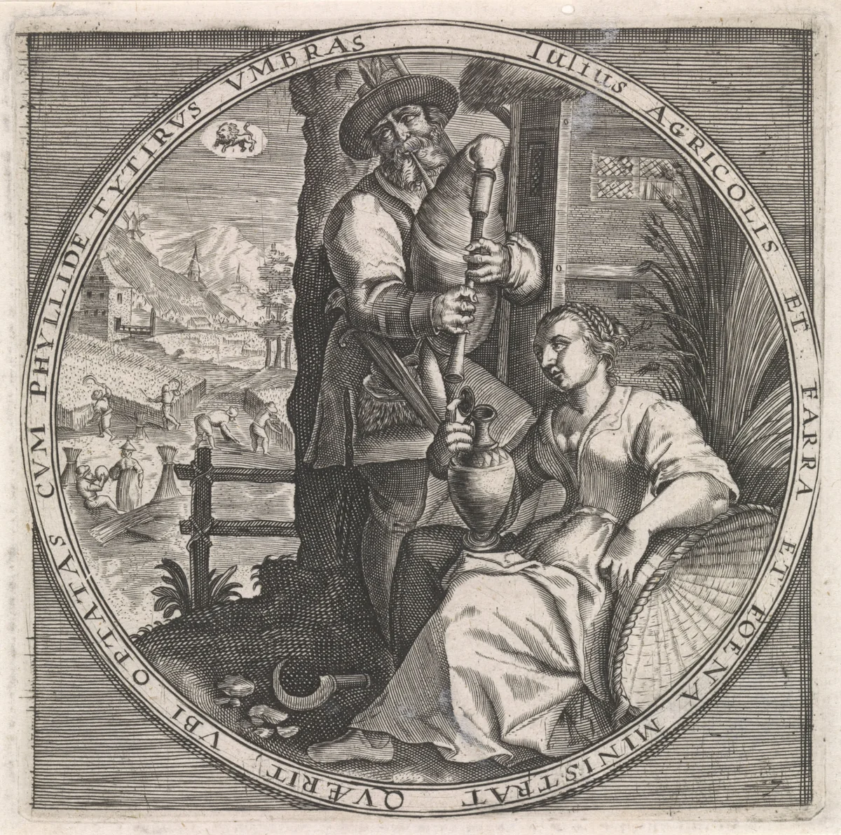 Juli: doedelzakspeler en vrouw met kruik by anonymous, print, 1574-1687